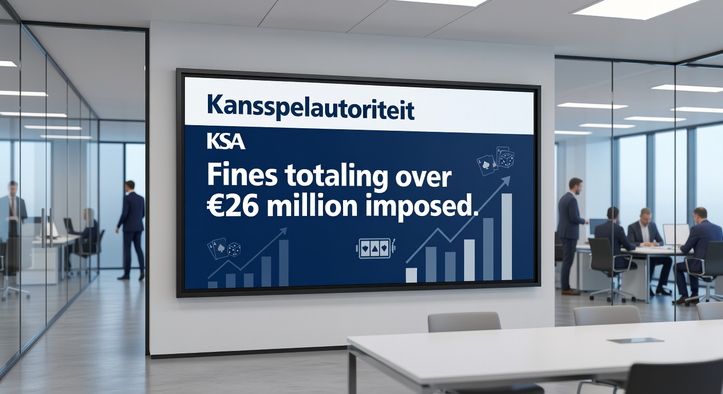 Afbeelding van de Kansspelautoriteit logo met boete-icoontjes en cryptocurrency-symbolen, illustrerend de sancties tegen illegale gokken