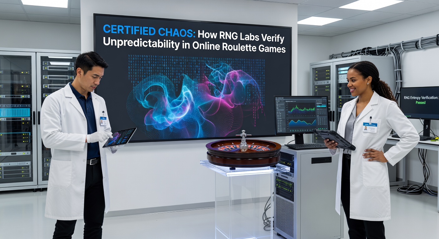 Laboratoriumtechnicus voert RNG-test uit op een computer met grafieken van willekeurige sequenties en statistische output voor roulette-validatie