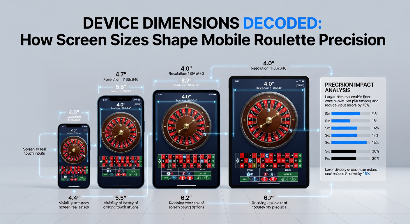Verschillende smartphones en tablets tonen roulette-interfaces met touch-inzetten, waarbij kleinere schermen dichtere knoppen hebben en grotere meer ruimte bieden voor nauwkeurige tikken