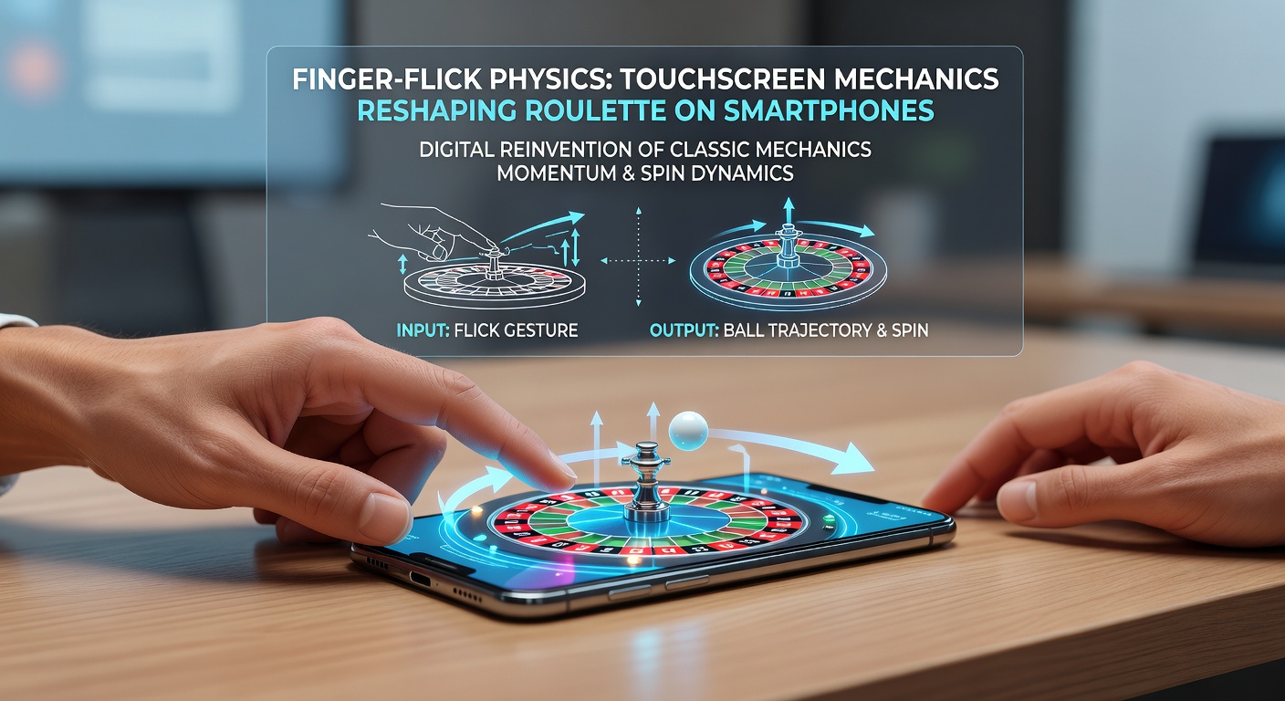 Close-up van smartphone-touchscreen met overlay van fysica-vectoren, acceleratiemeters en een roulette-bal in beweging, illustrerend de conversie van vingerbeweging naar spin-dynamiek