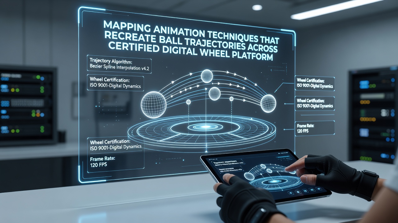 Detailopname van trajectory mapping in actie waarbij de balbeweging over een gecertificeerd digitaal wiel wordt getoond met animatielagen