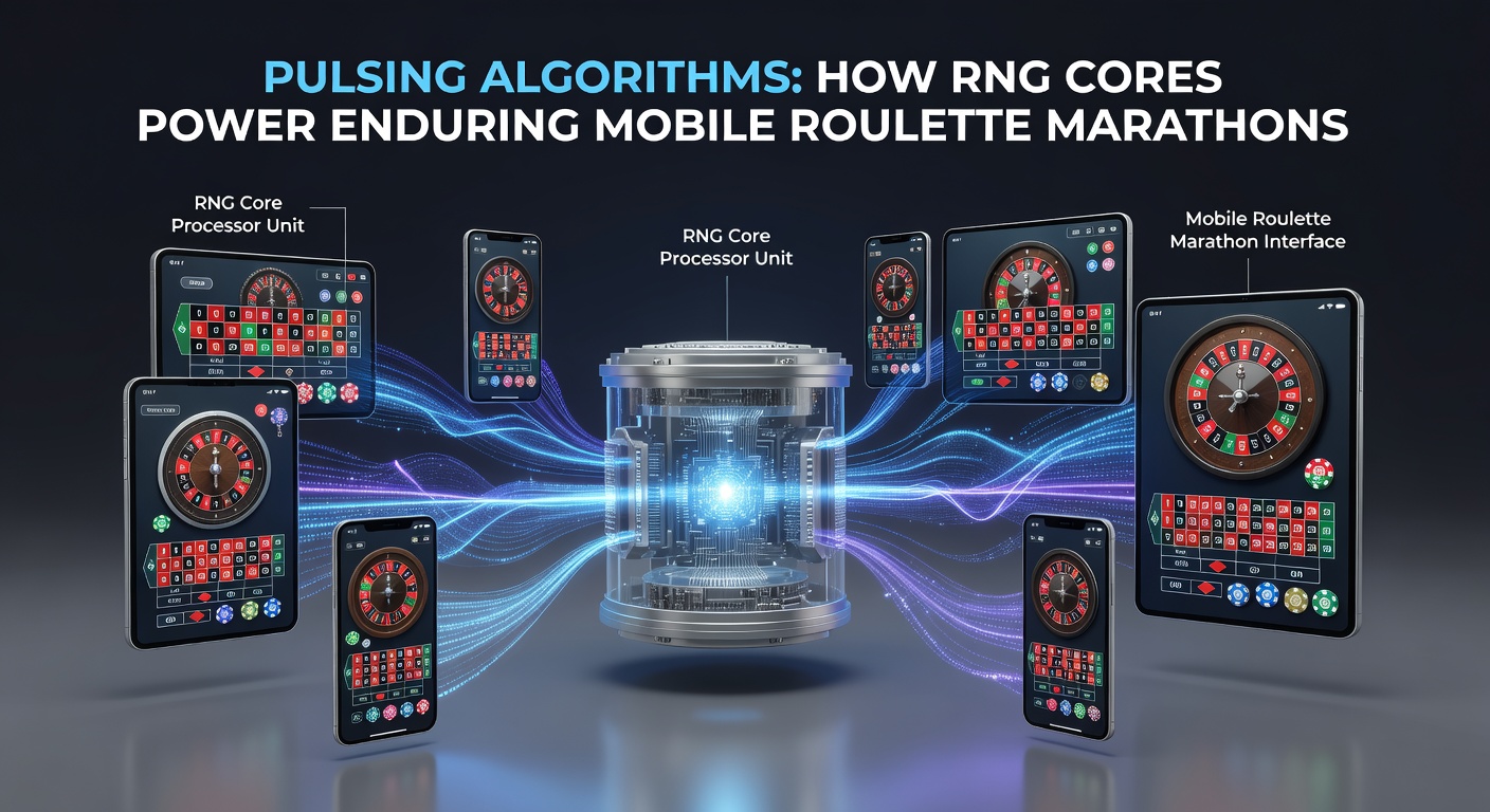 Visualisatie van een pulserend RNG-algoritme dat random nummers genereert voor een mobiel roulette wiel, met golvende patronen die oneindige spins symboliseren