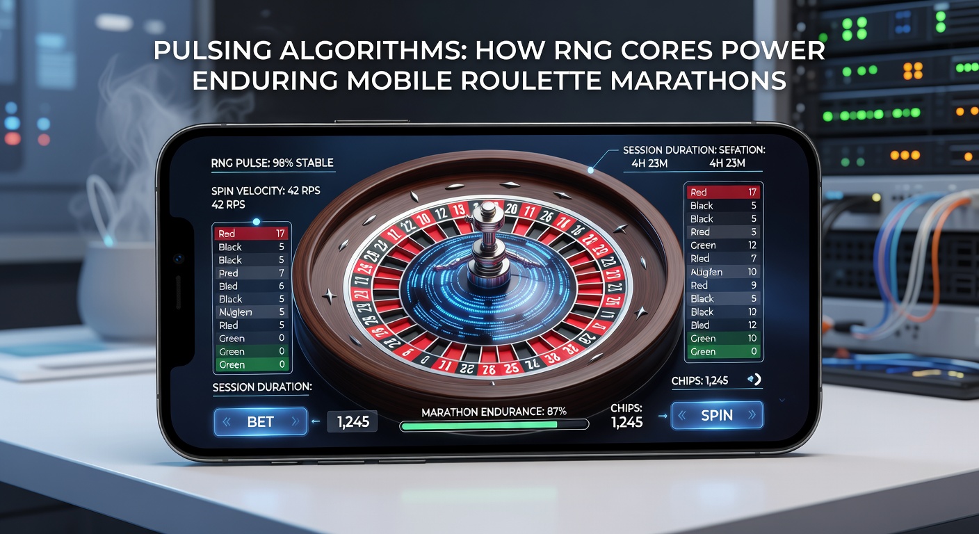 Grafiek van RNG-pulsfrequenties over een marathon roulette sessie, met pieken en dalen die de adaptieve energie-efficiëntie illustreren op een mobiel scherm