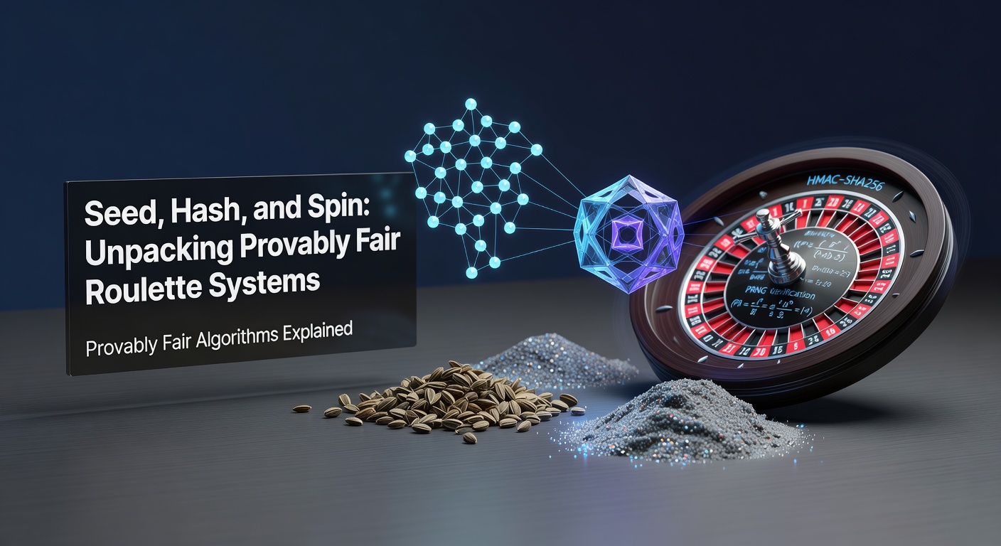 Schematische weergave van seed, hash en spin in een provably fair roulette-wiel, met cryptografische elementen zichtbaar