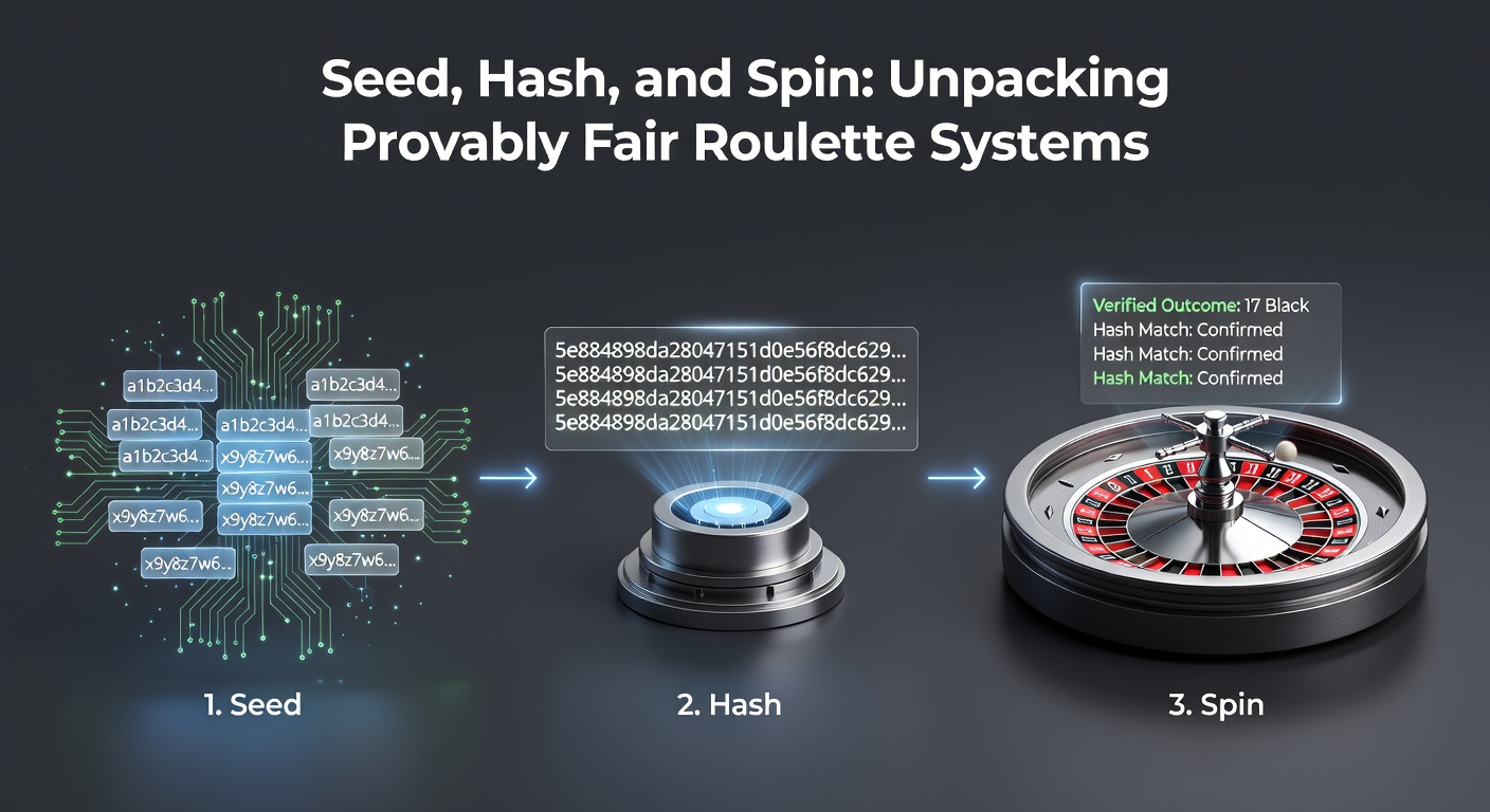 Voorbeeld van een provably fair verificatie-interface met seed-invoer, hash-check en spin-resultaat op een digitaal roulette-scherm