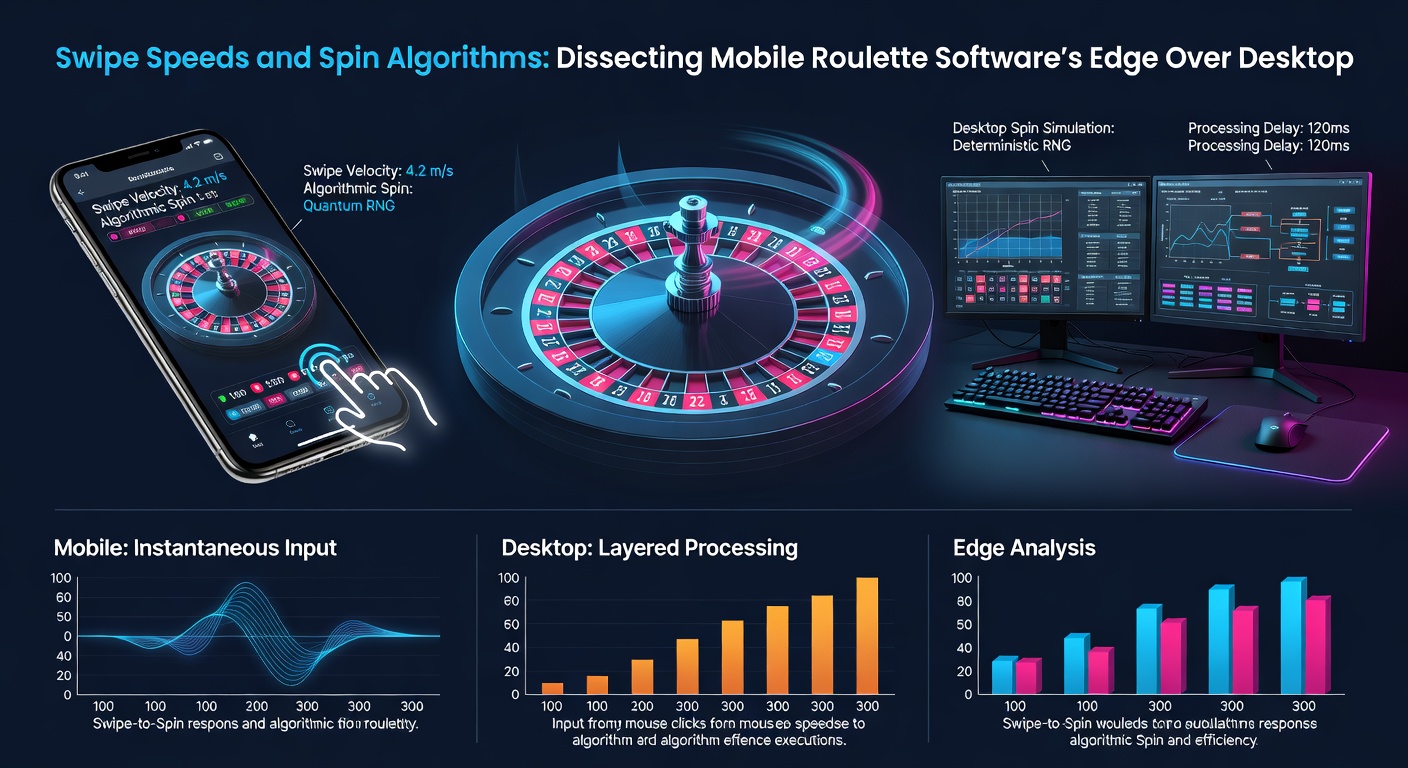 Vergelijkingsscherm: mobiele app naast desktop roulette, met grafieken van veeg-snelheden en spin-trajecten