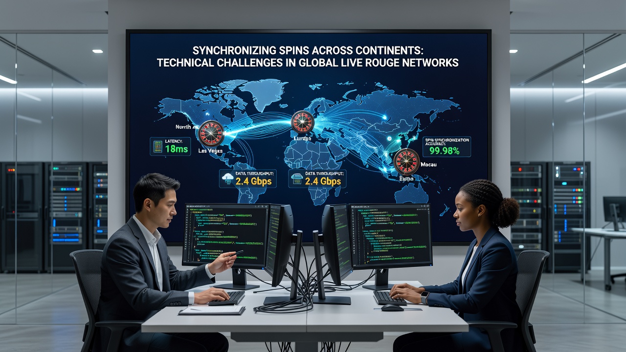 Wereldkaart met live roulette serverlocaties en synchronisatieroutes