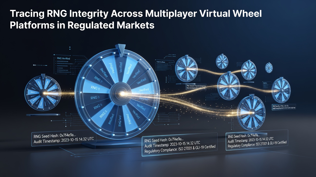 Overzicht van RNG-systemen in multiplayer virtuele wheel platforms met certificeringsiconen en datastromen