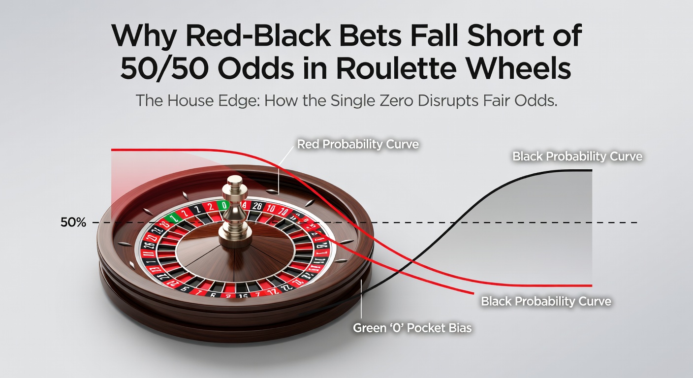 Een close-up van een draaiend roulettewiel met rode en zwarte vakjes, plus het groene nulvakje dat de odds verstoort