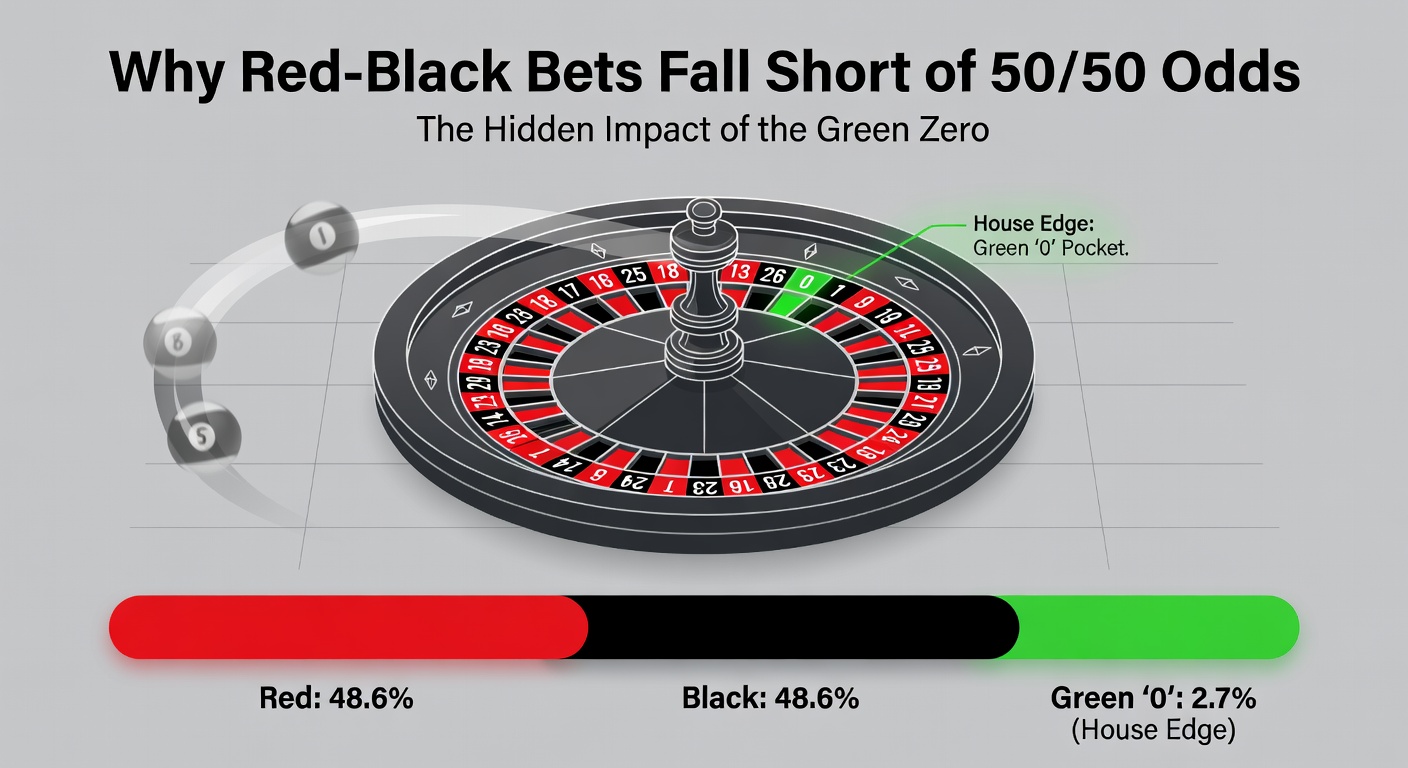 Grafiek met staafdiagrammen die de werkelijke kansen op rood/zwart vergelijken met 50/50, met nullen als spelbreker